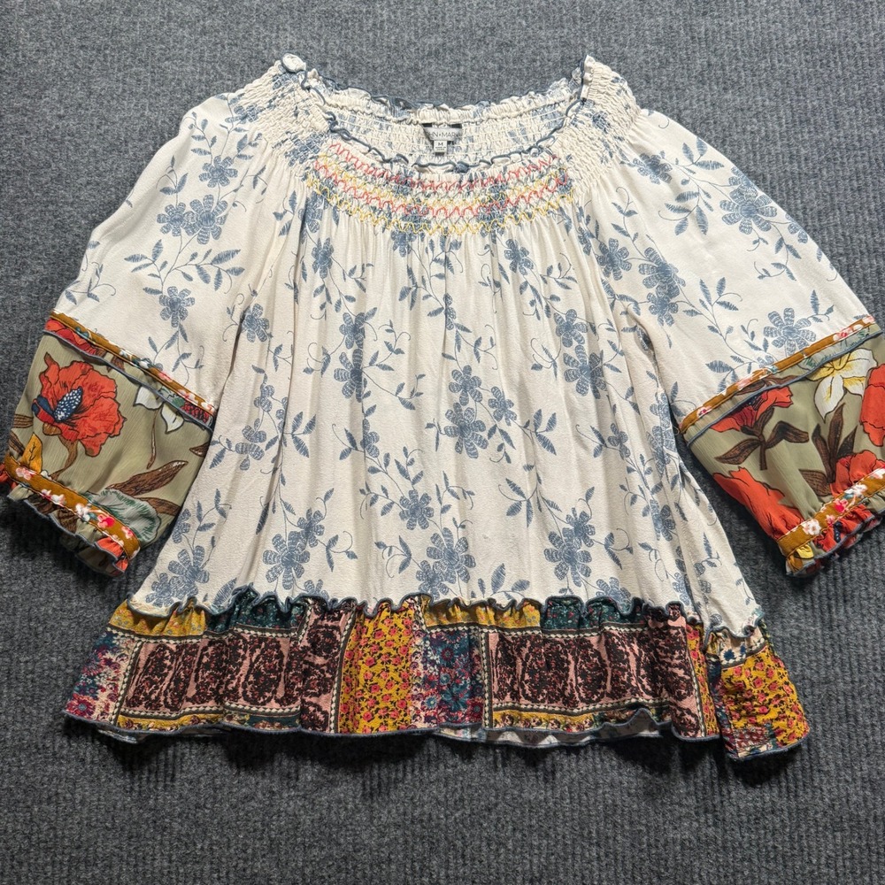 John Mark Floral Patchwork Blouse Womens Medium Cream Multi Smocked Top